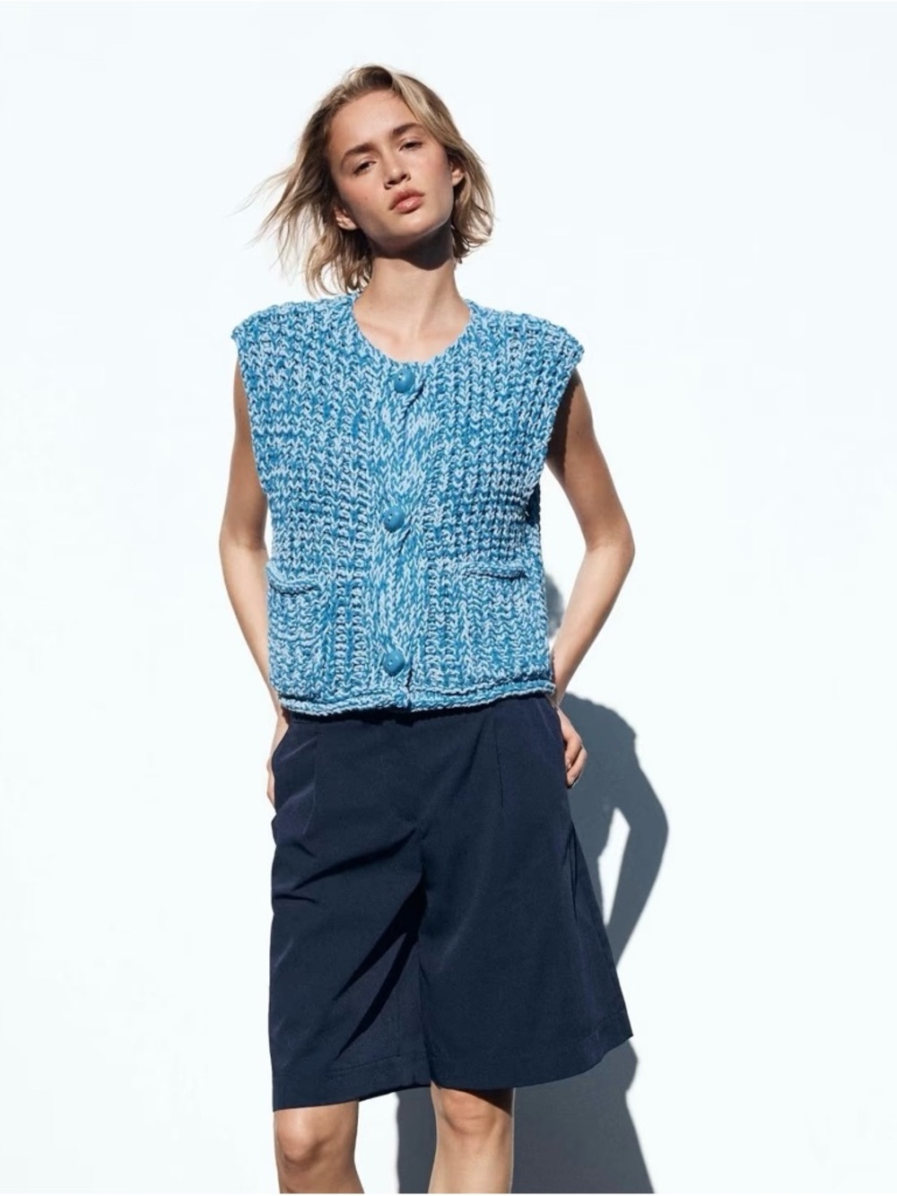 Stylish Blue Marled Knit Button Vest